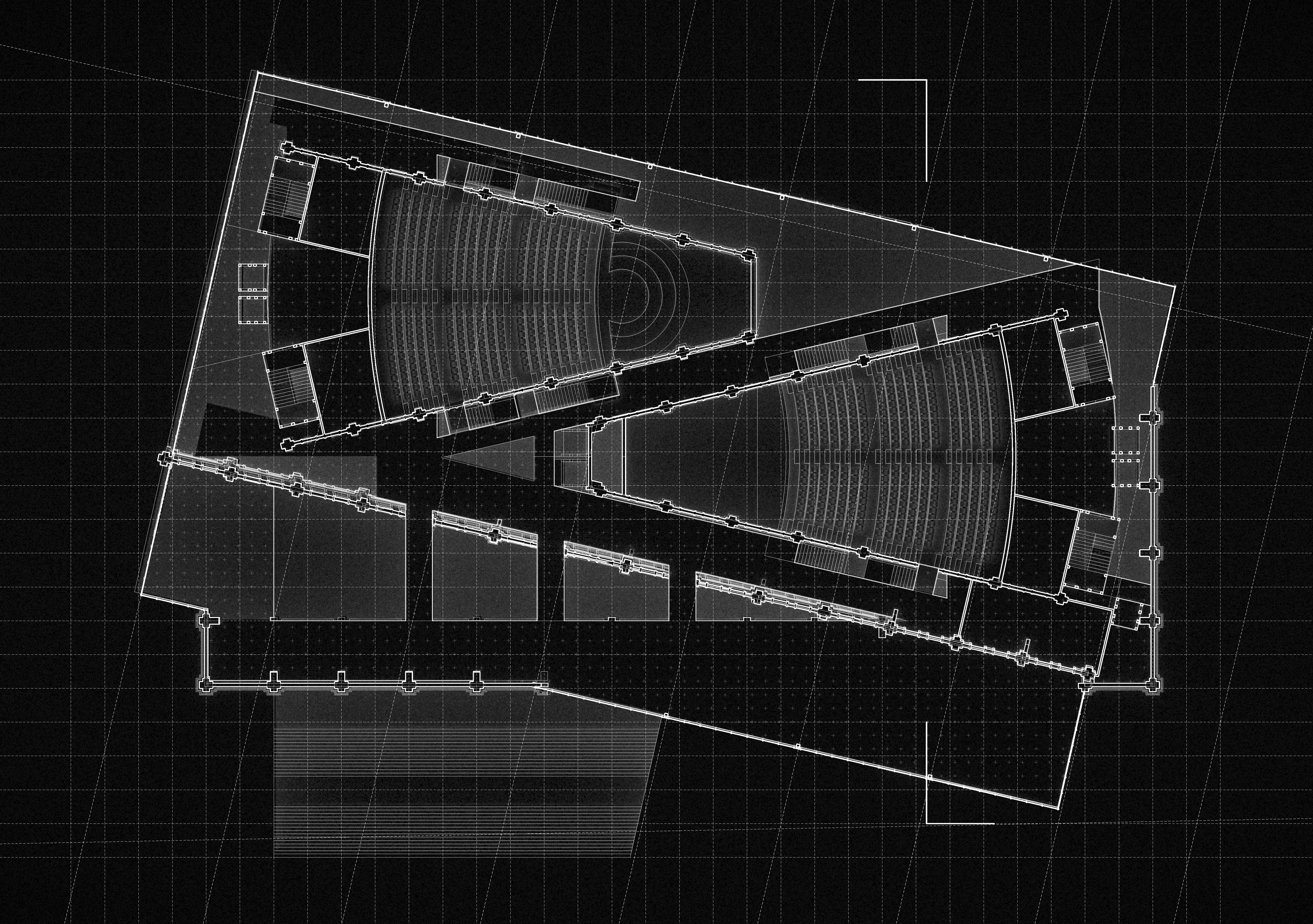 Plan two auditoriums flanking central atrium